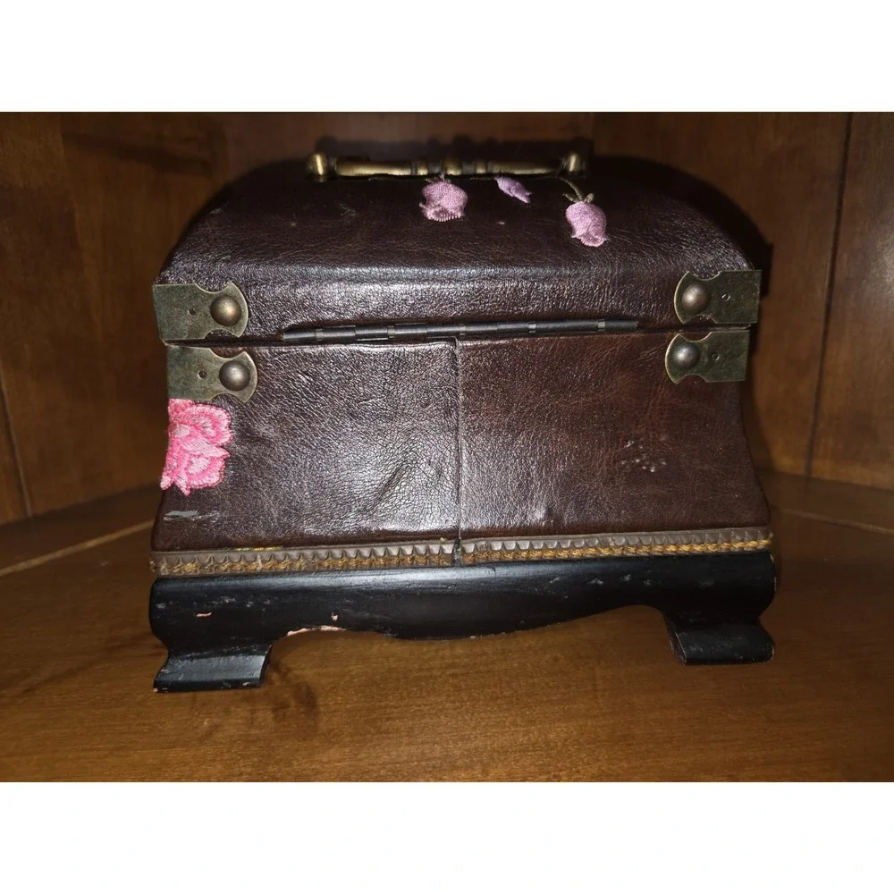 Brown Faux Leather Floral Decorative Box with Embroidered Flowers
